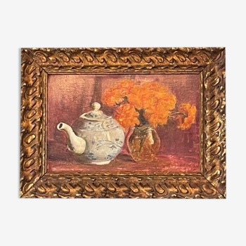 Framed painting oil on cardboard late nineteenth century "Teapot and bouquet of flowers"
