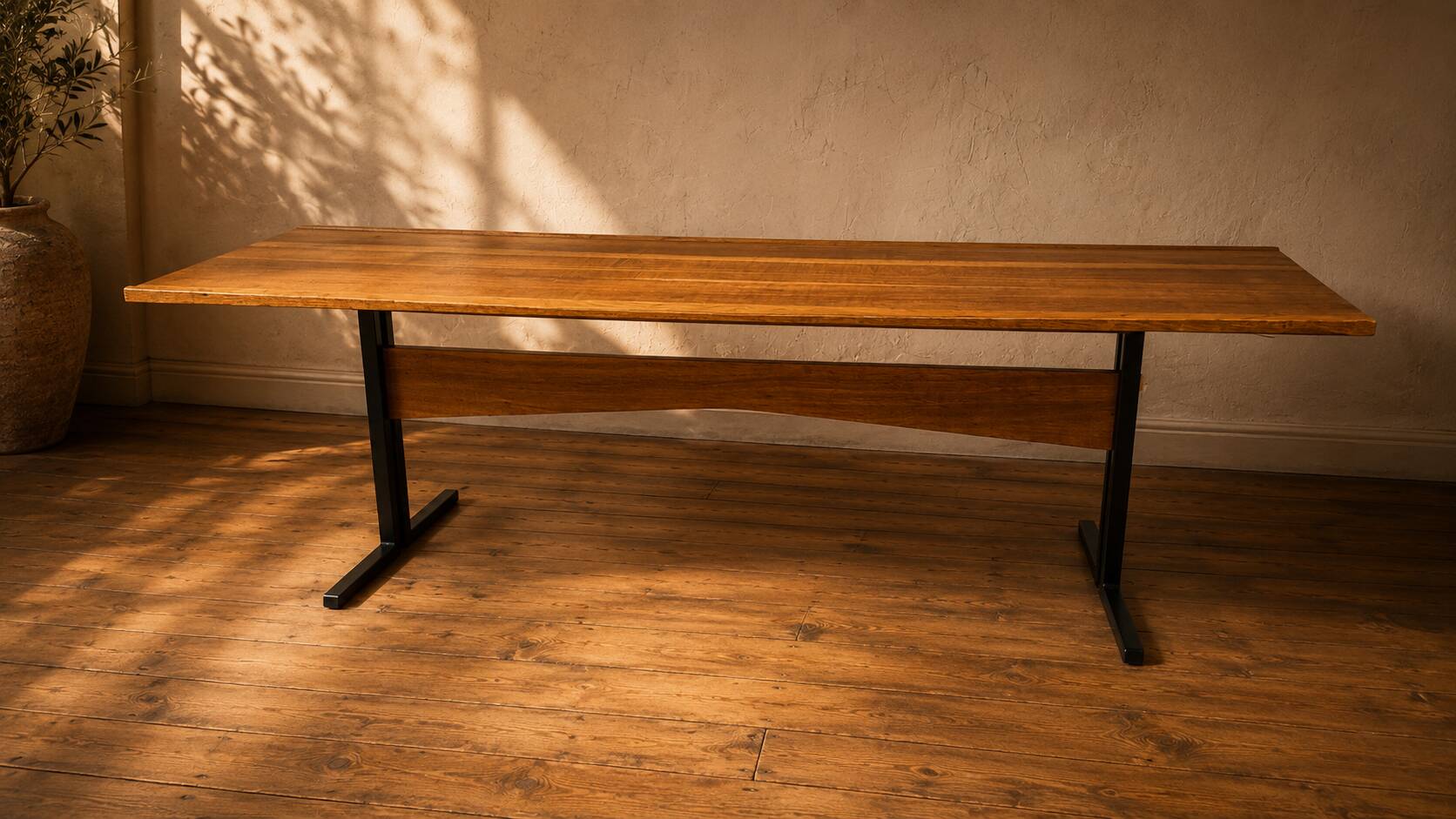 Vintage rectangular coffee table with a wooden top and black metal base, 1960s.