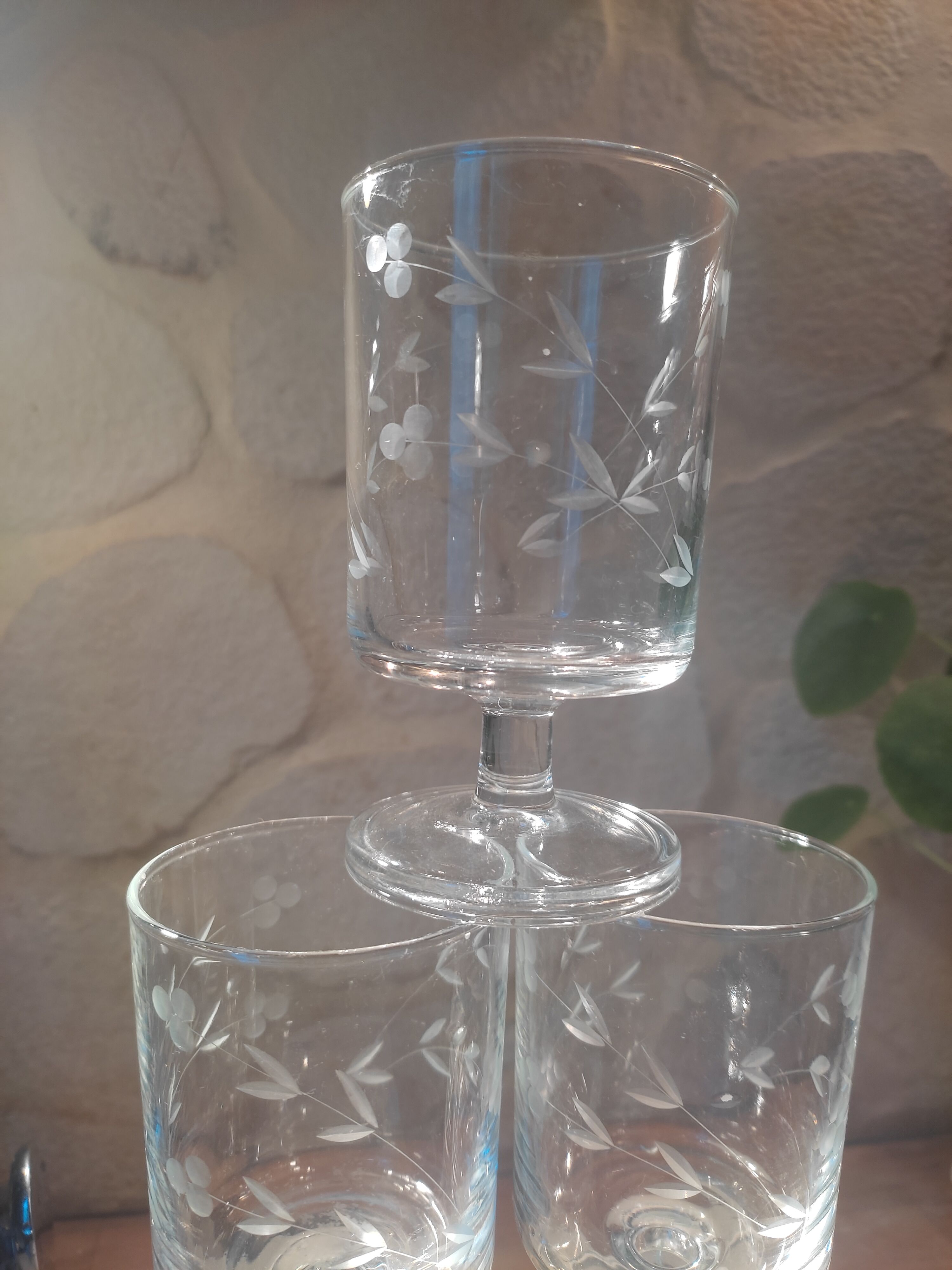 6 engraved vintage glasses