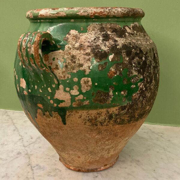 Ancien pot à confit 19e. terre cuite vernissée verte