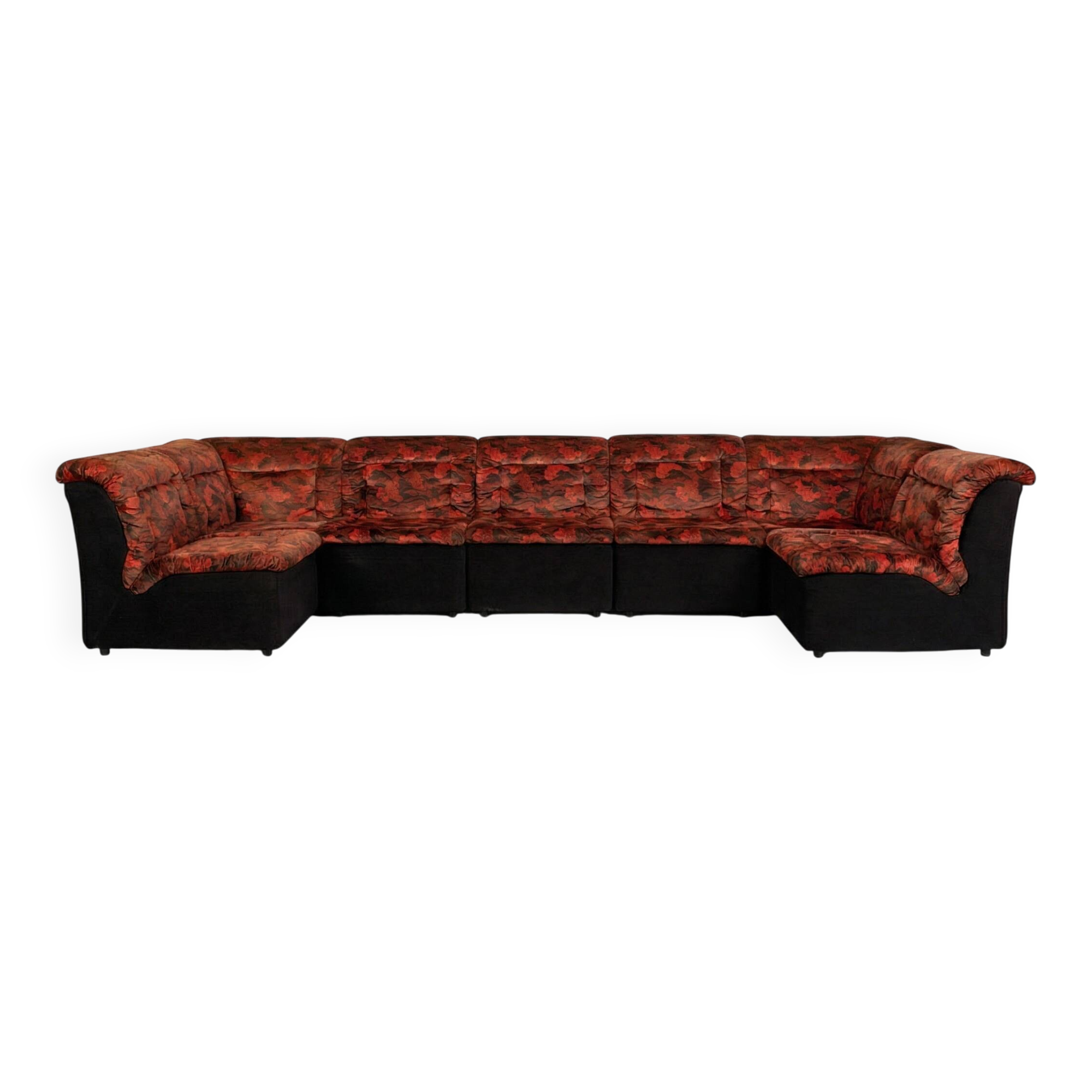 Modular Sofa Set (7 Pieces) — Velour Upholstery in Red-Orange Floral Patter