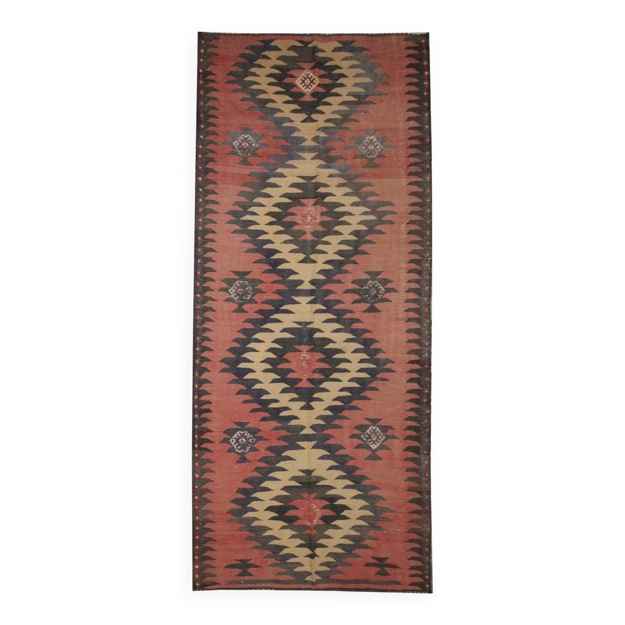 Blush Pink Vintage Kilim Runner, 1960s Geometric Wool Rug 400 x 150 cm