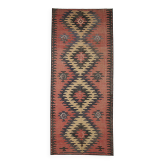 Blush Pink Vintage Kilim Runner, 1960s Geometric Wool Rug 400 x 150 cm