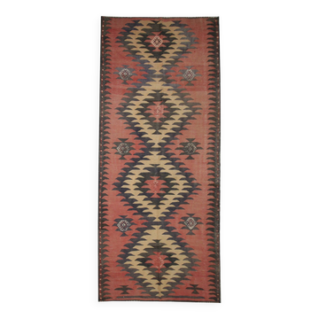 Blush Pink Vintage Kilim Runner, 1960s Geometric Wool Rug 400 x 150 cm