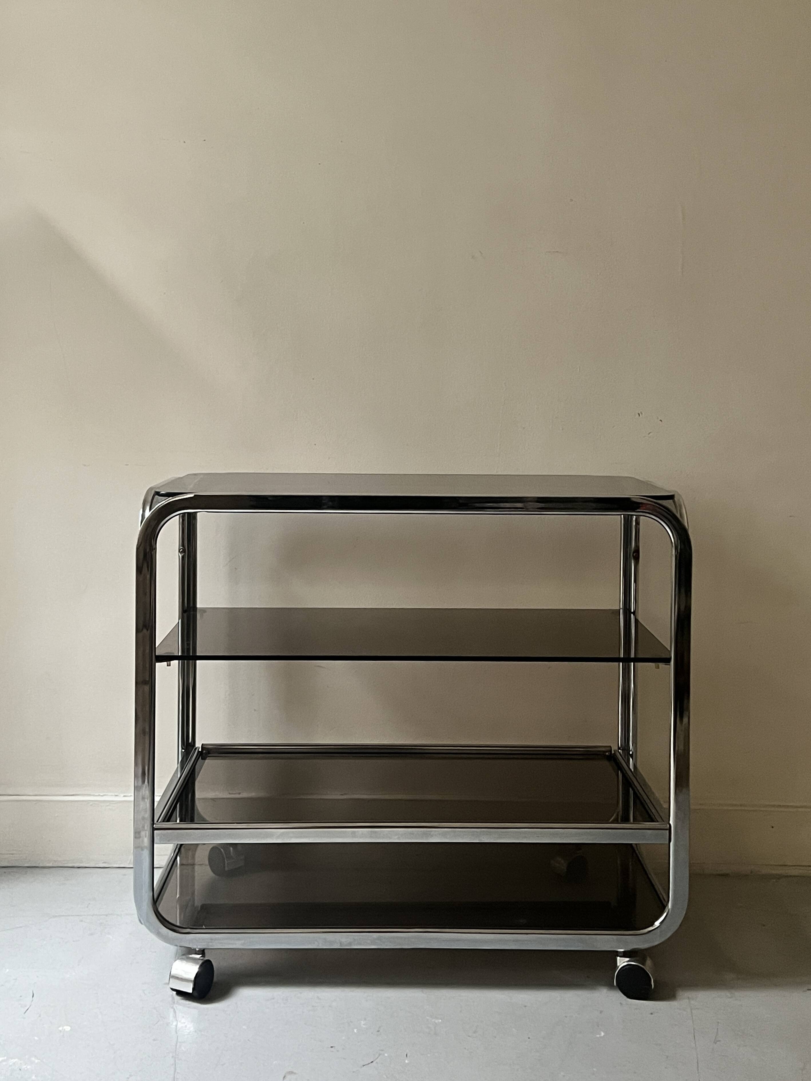 Hi-fi furniture sideboard/bar in smoked glass and chrome, 1970s design.