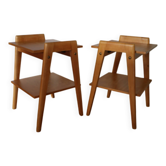 2 light oak bedside tables with two shelves from 1950.