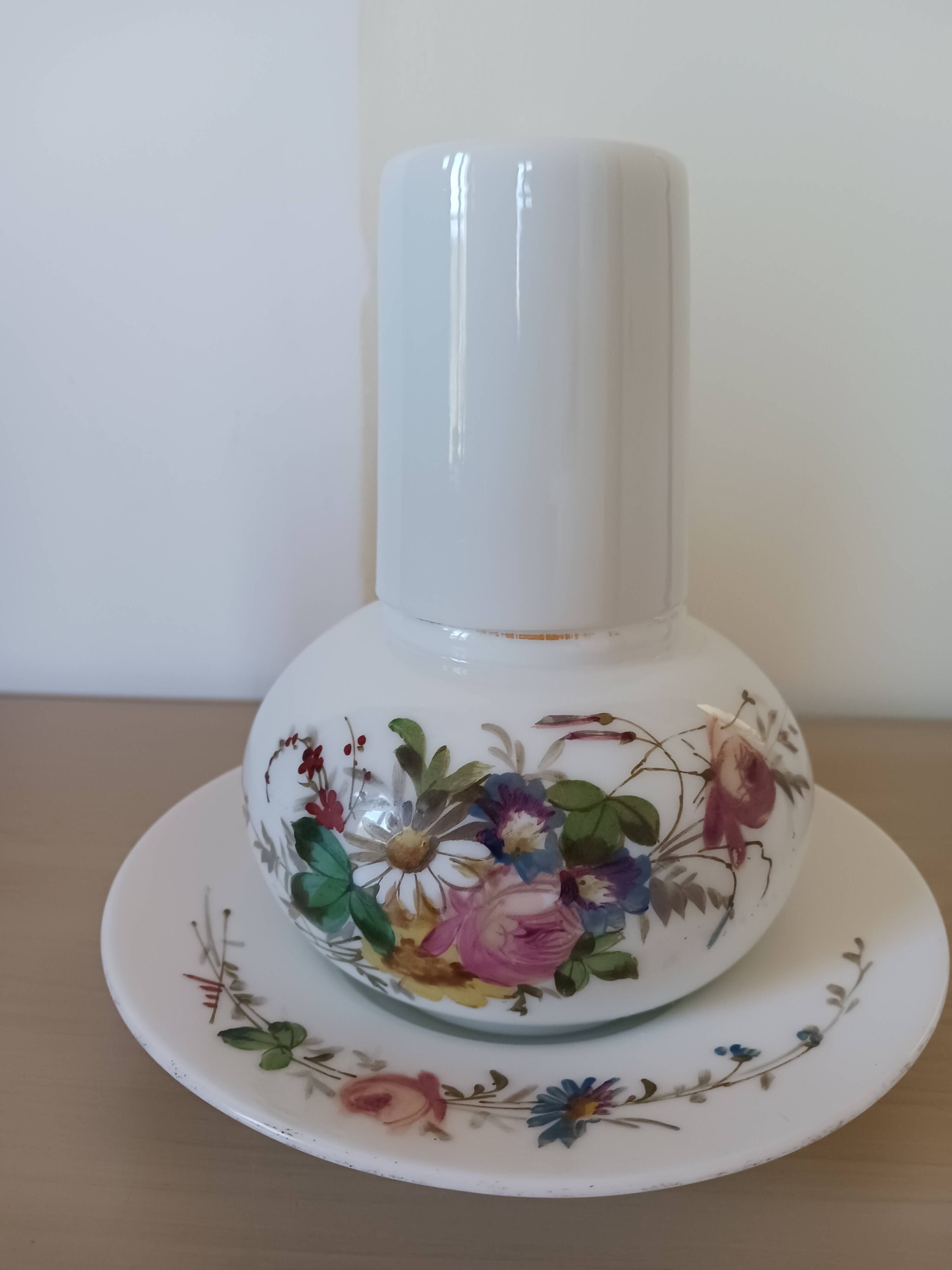 Antique night carafe, in opaline, with its glass and plate.