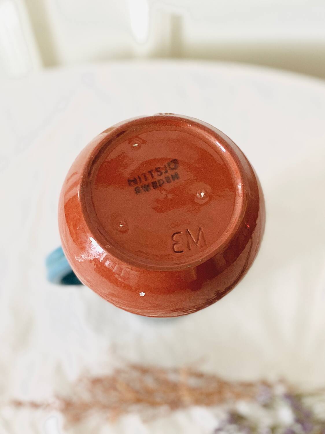 Vintage vase with handle Scandinavian ceramic Nittsjo Sweden