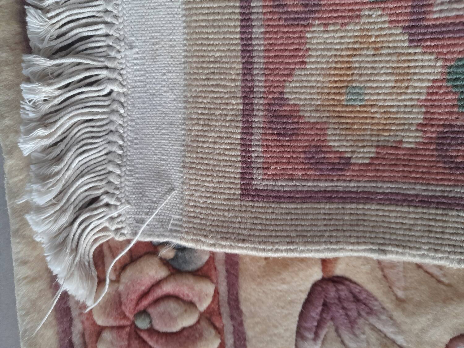 Vintage Chinese rug 120 x 60 cm with reliefs, Beijing flowers, handmade.