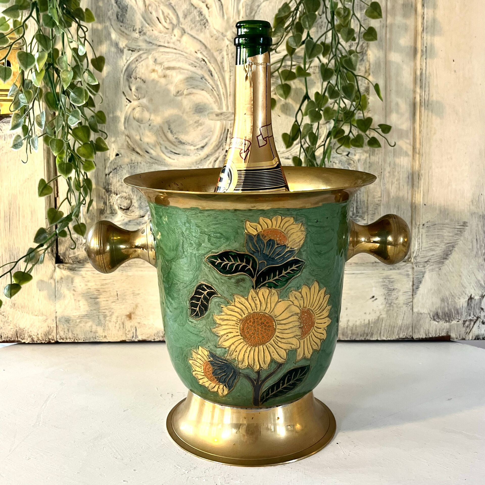 Vintage brass and green enamel cloisonné champagne cooler with sunflow