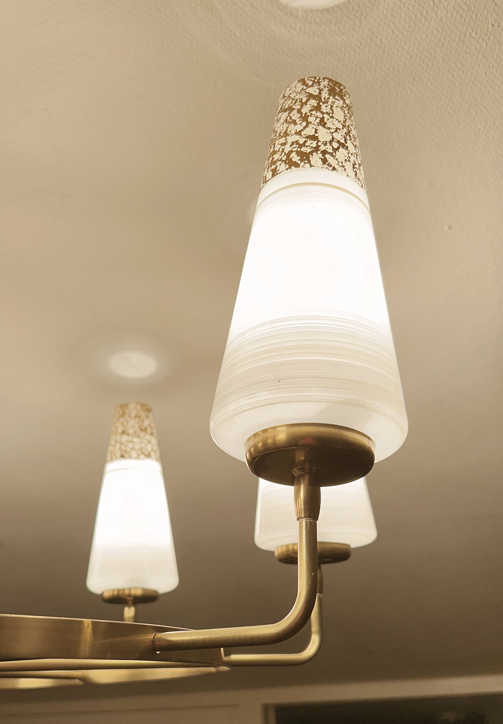 Large Vintage Italian Pendant Light, 1950s, Brass Glass