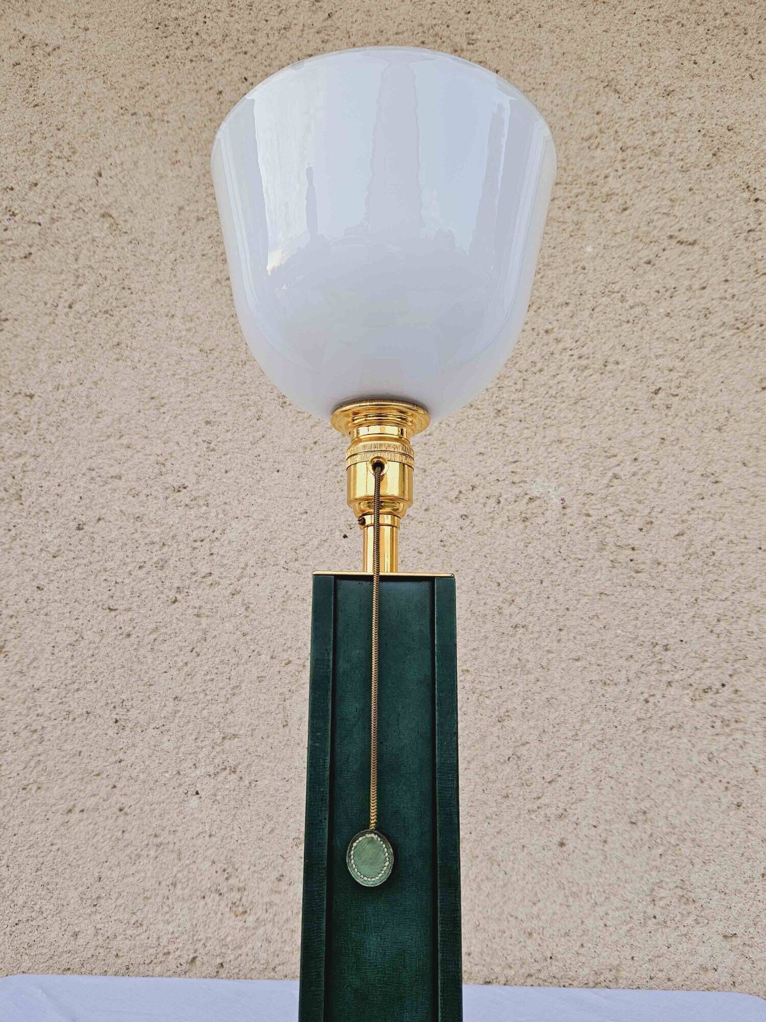1940 Lamp Leather & Golden Brass Maison Chalmette in Paris Ht 55 cm