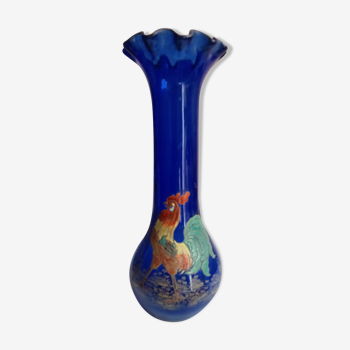 Pretty vase enamelled glass legras decoration rooster unusual shape, height 25 cm diameter 10 cm