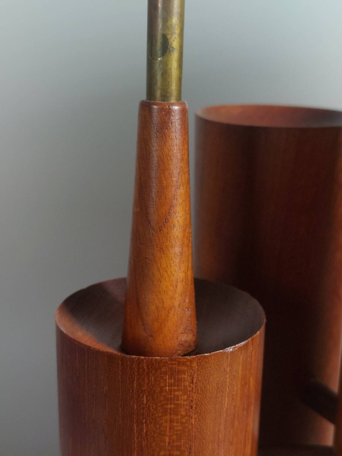 Vintage 50s wooden table lamp with pleated shade.