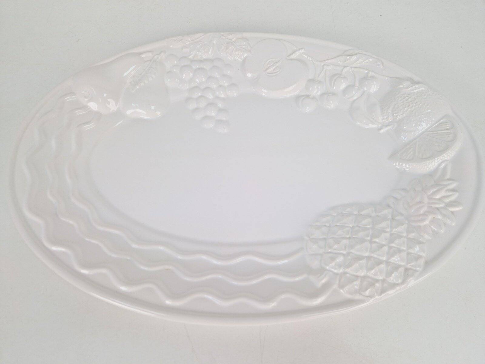 Vintage Large White Majolica Serving Bowl with Relief Fruits by A. Santos, Portugal, 1970s