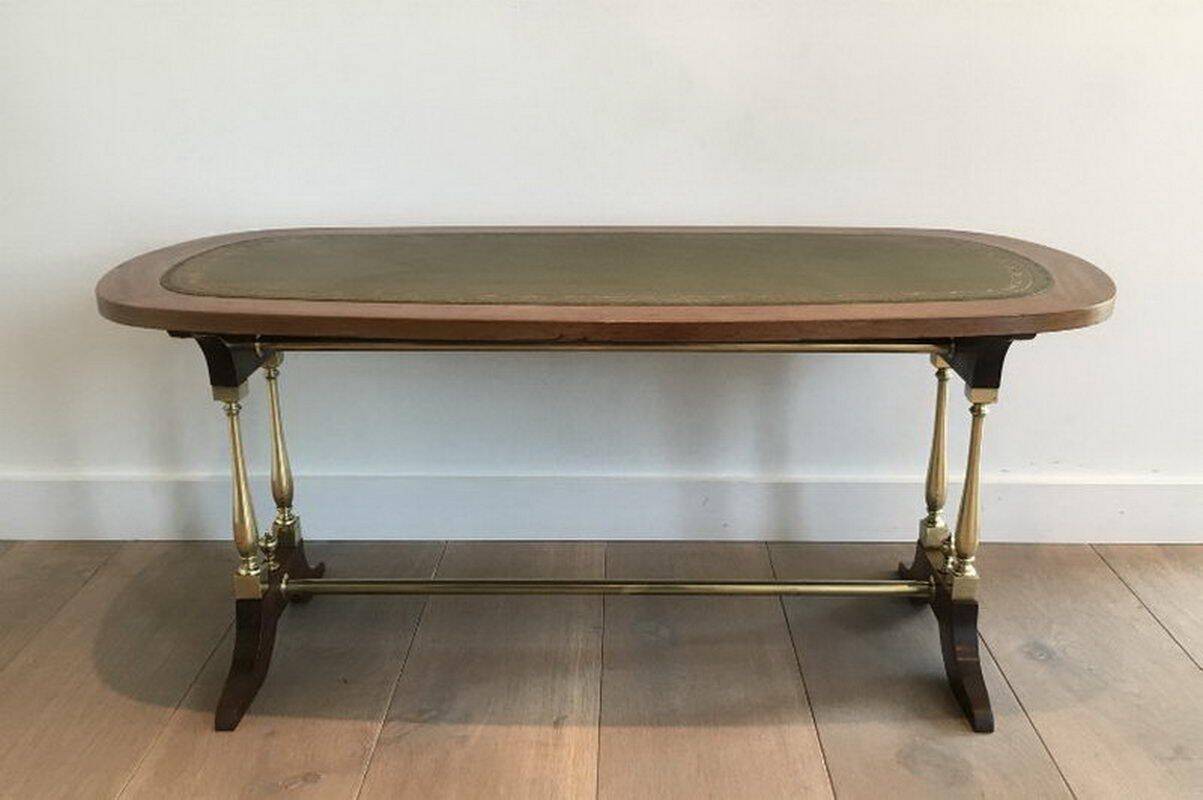 Neoclassical coffee table in wood, brass and leather