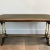 Neoclassical coffee table in wood, brass and leather