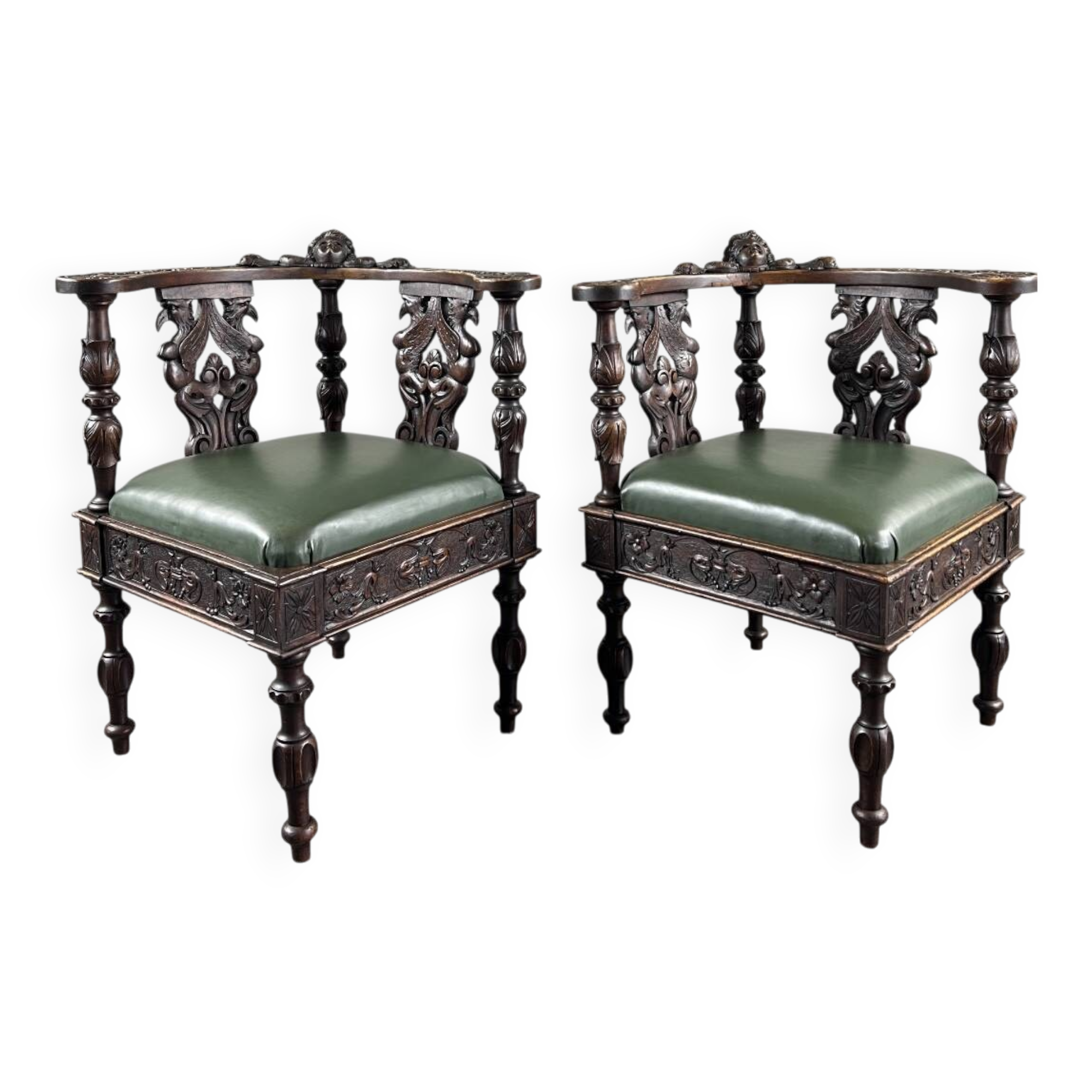 Pair of corner armchairs in carved wood, 19th century