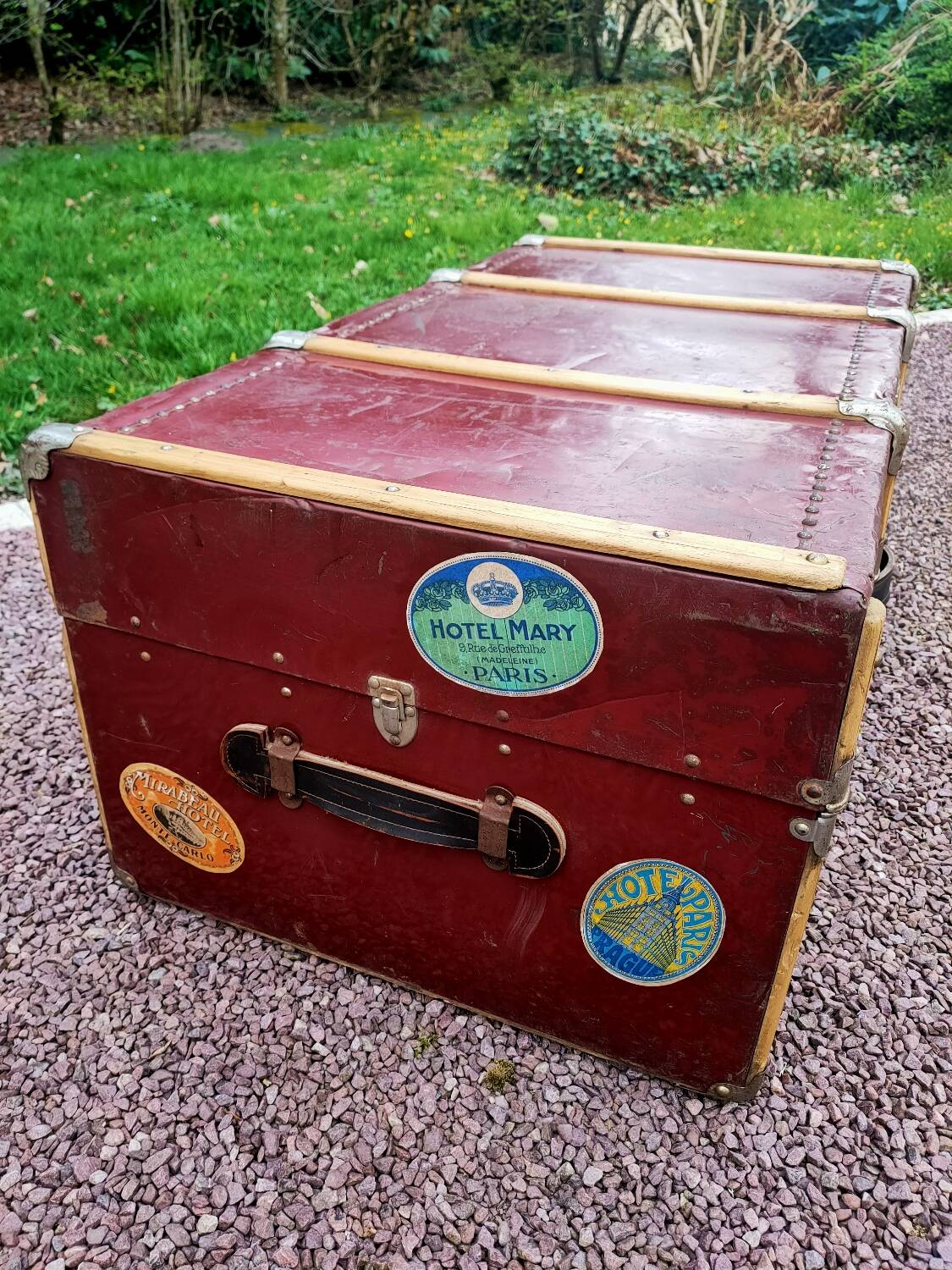 Old metal and wood travel trunk
