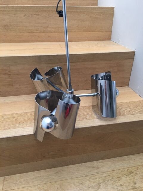 Vintage hanging lamp with 3 70s design steel bulbs