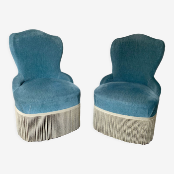 Paire de fauteuils crapaud velours bleu 1970