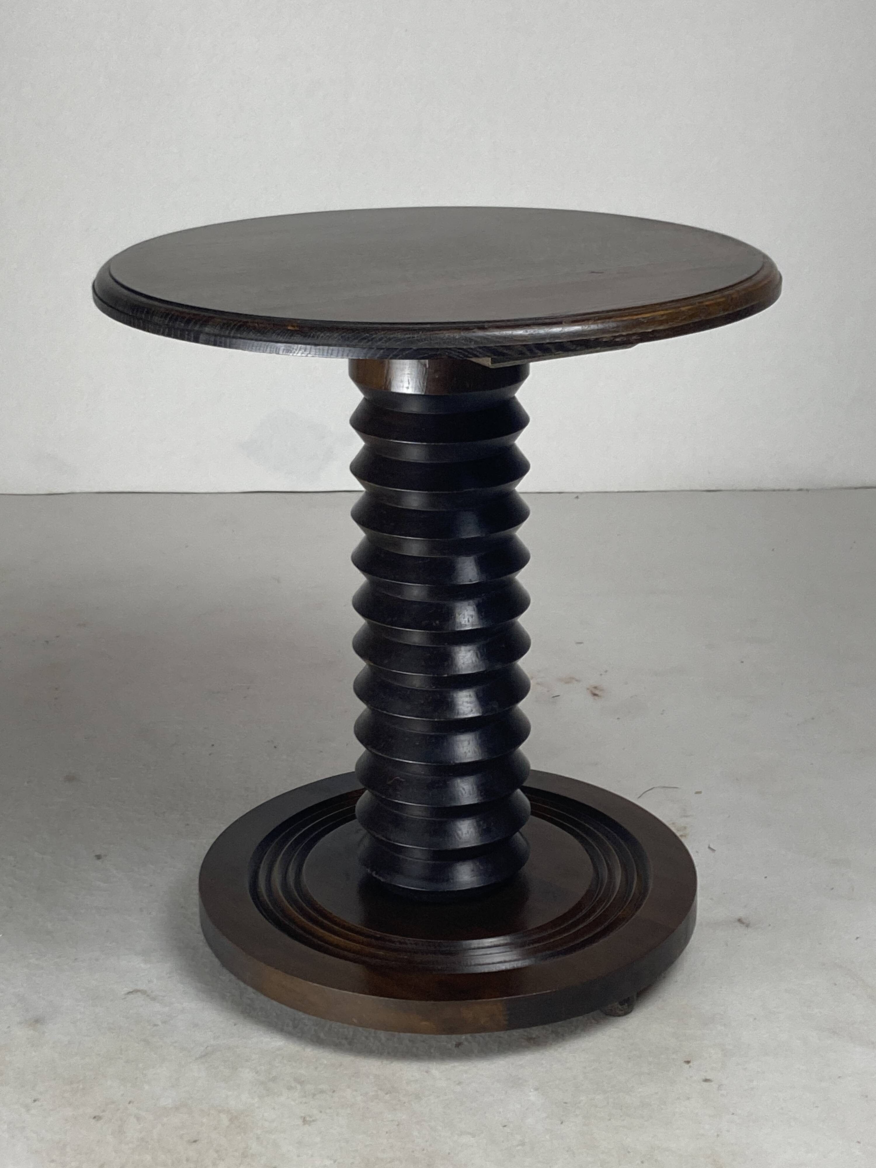 French brutalist wood turned side table in the style of Charles Dudouyt