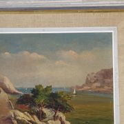 Ancient painting, landscape of the Calanques in the Mediterranean.
