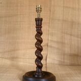 Turned wooden lamp base, fabric cable