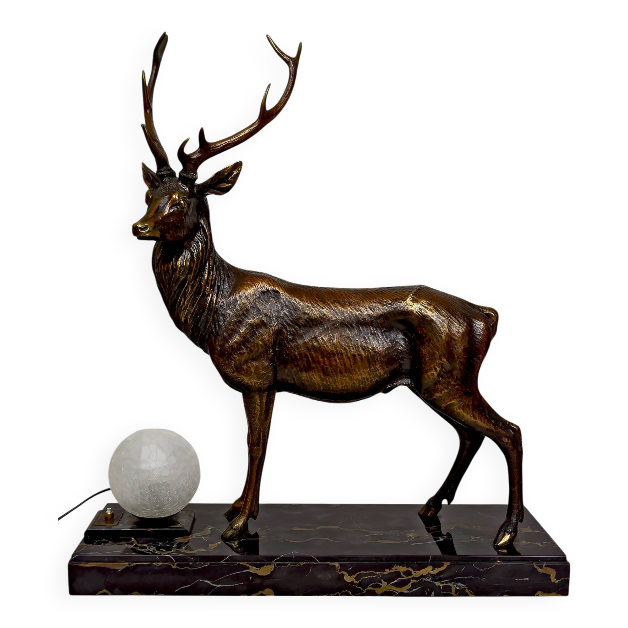 Important Bronze and Marble Sculptural Lamp, Deer, Art Deco, France