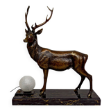 Importante Lampe Sculpturale en Bronze et Marbre, Cerf, Art Déco, France