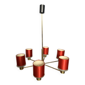 Kaiser Leuchten six-arm brass chandelier, red shades, crystal glass