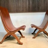 Set of 2 Spanish high-back leather slipper chairs by Pierre Lottier, 1950s