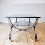 Rectangular coffee table in smoked glass and chrome double trays Design 1970