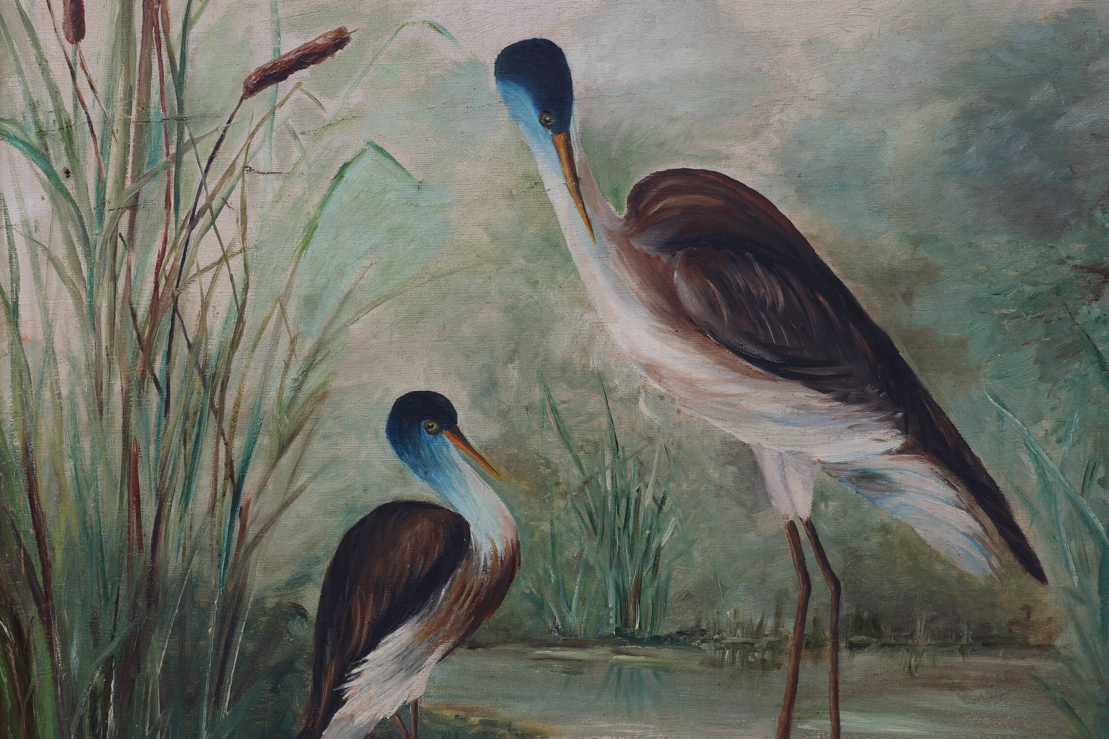 Large decorative painting of birds in water, France 1960s