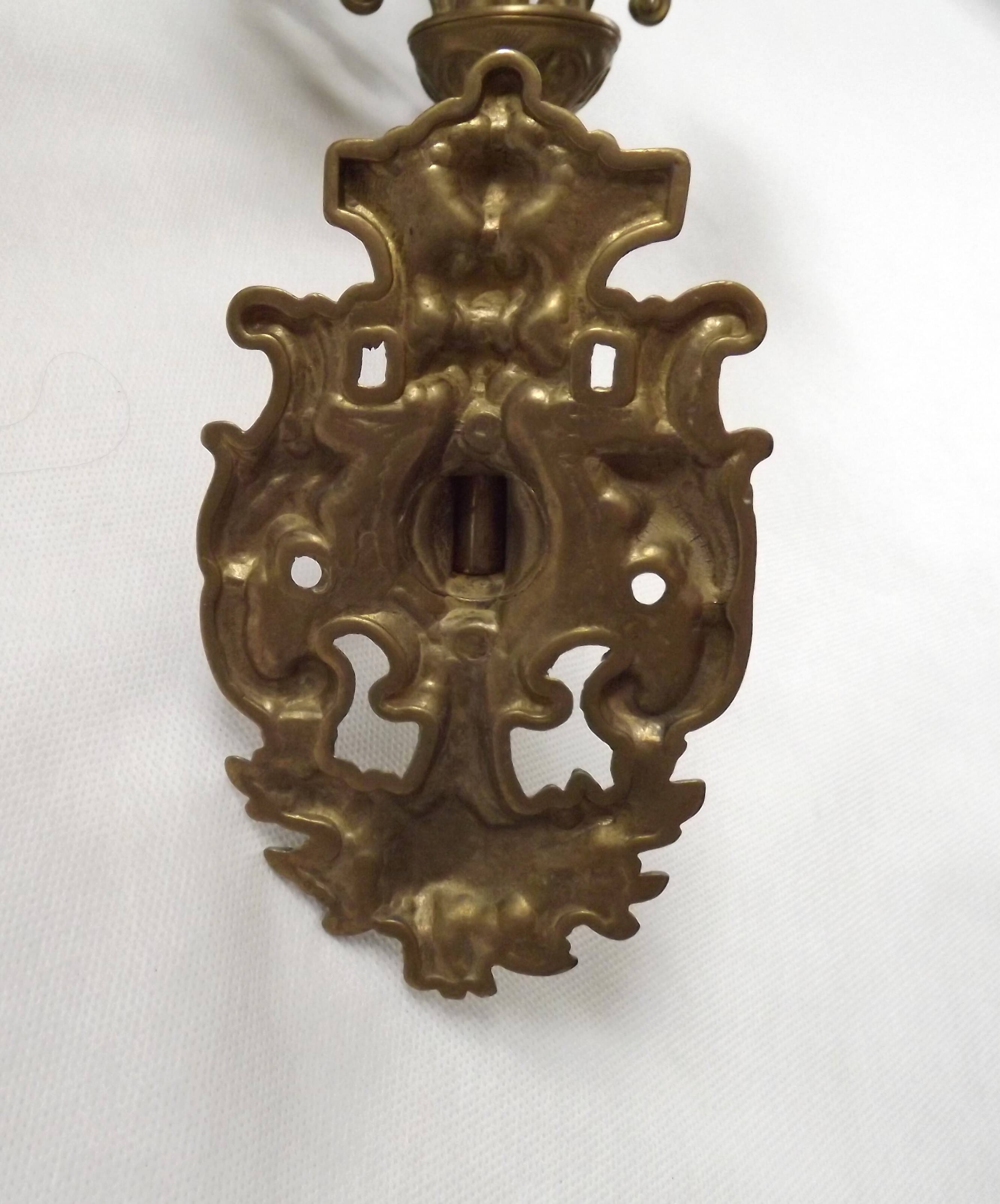 Pair Early 20th Century Rococo Revival Brass 5 Light Candle Wall Sconces