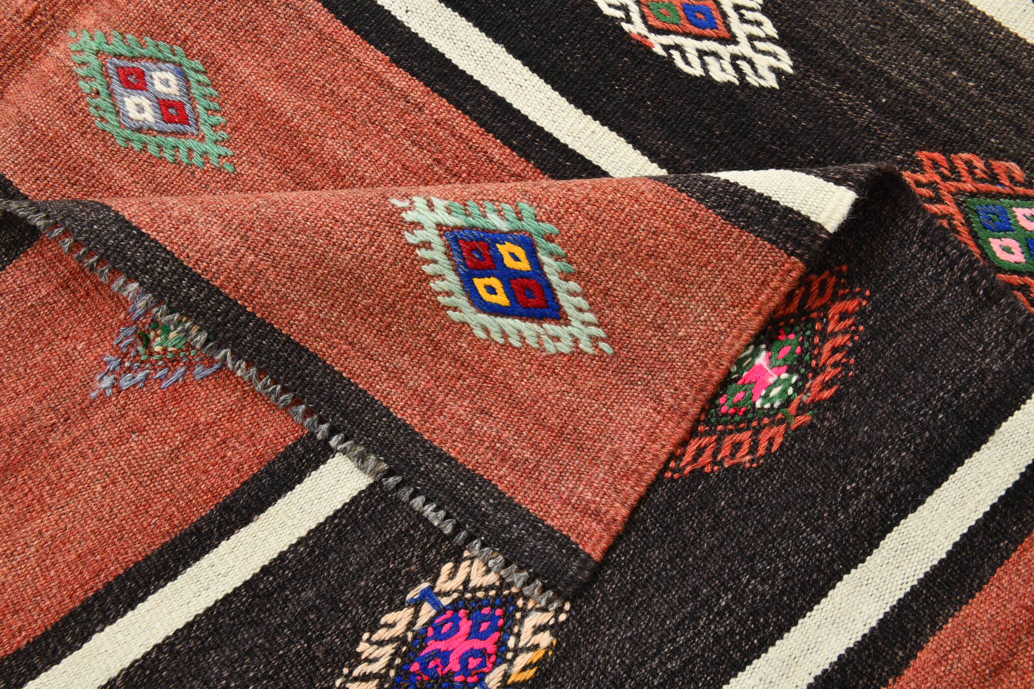 Light Red & Dark Brown Striped Kilim Rug, 168x264Cm