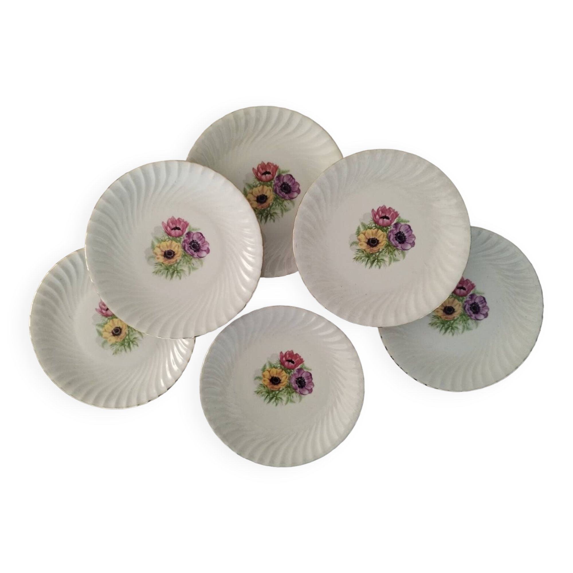 Assiettes Plates Porcelaine Vitriam Décor Fleurs d'Anémones Vintage