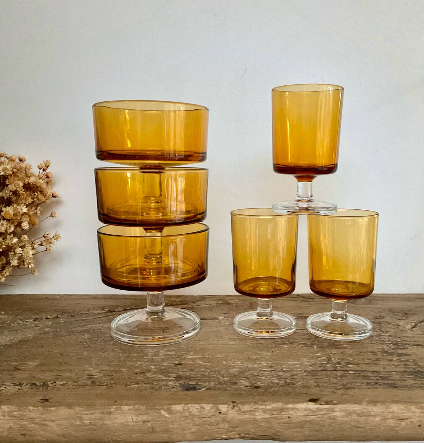 6 vintage LUMINARC amber glasses