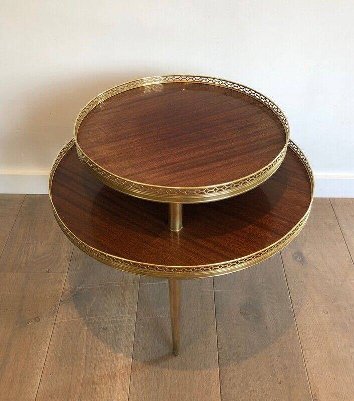 Tripod gueridon in neoclassical style made of mahogany, brass, and a golden metal base.