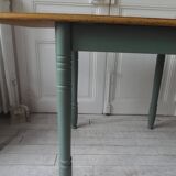 Table, vintage desk with smoked green base and oak top
