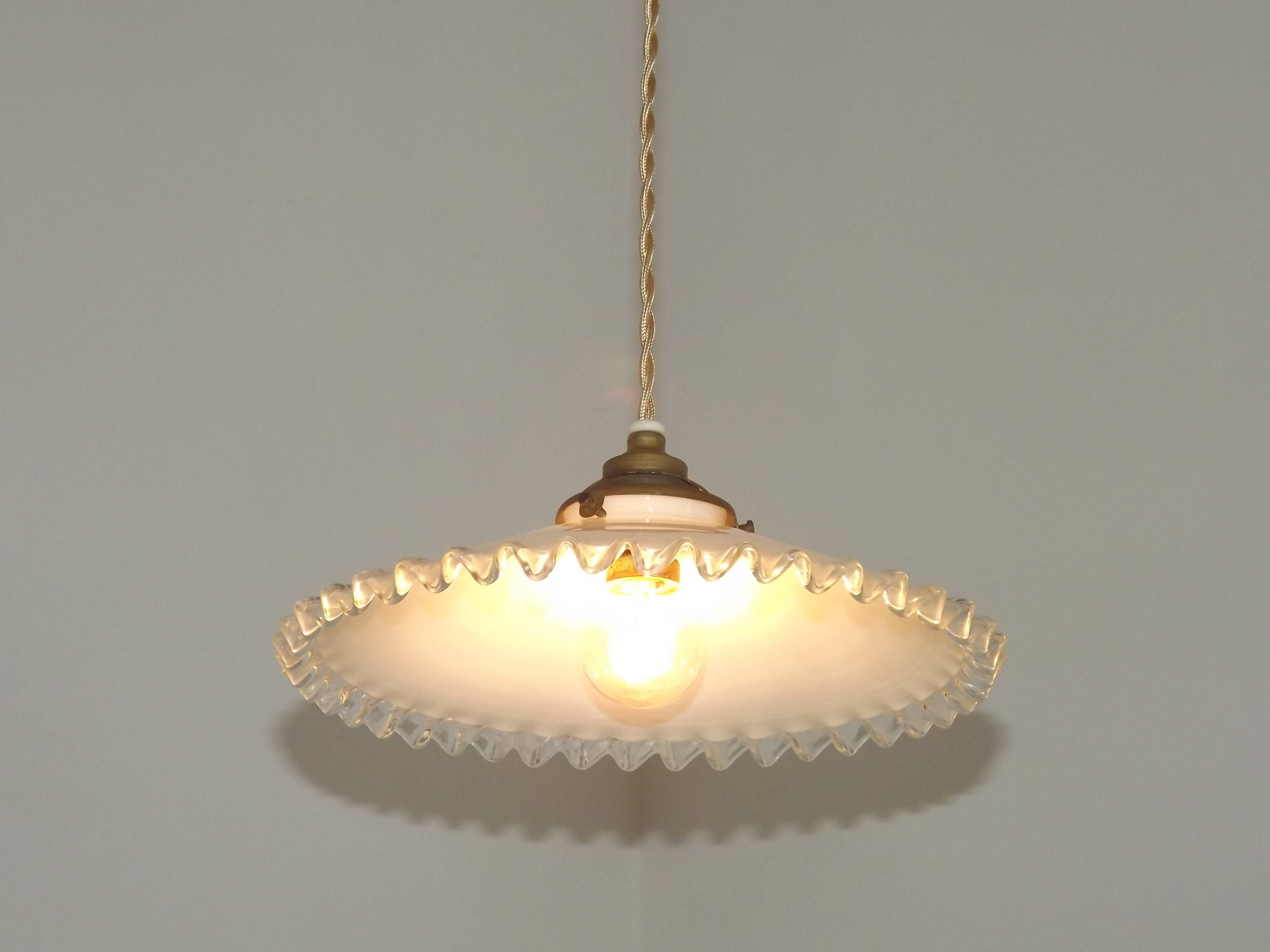 Art Deco suspension in pleated white opaline, France