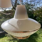 Space Age saucer pendant light, 1950s chandelier, in white and gold glass