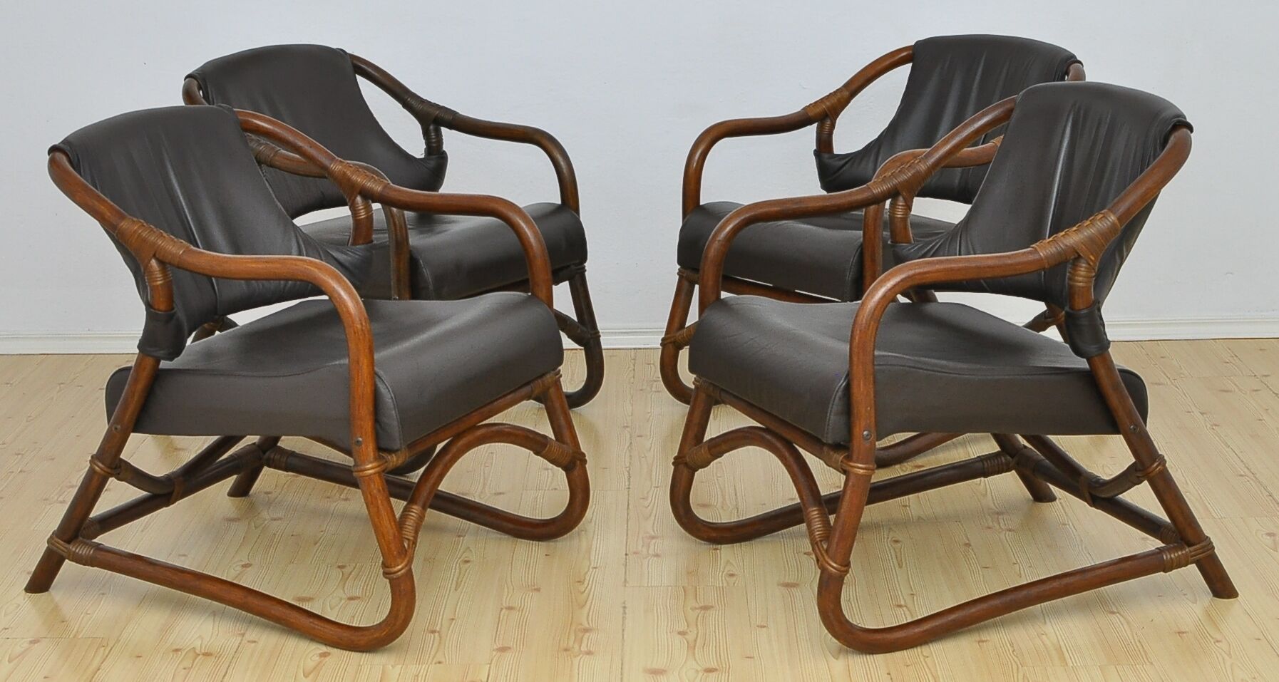 Set of bamboo armchairs with leather seats, 1970s