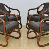 Ensemble de fauteuils en bambou avec sièges en cuir années 1970