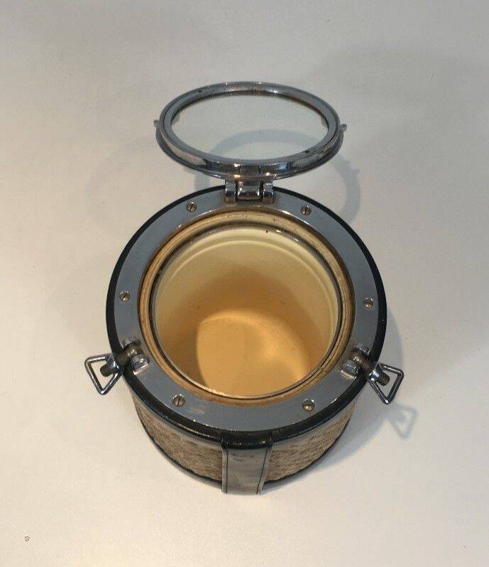 Ice bucket in leather, rope, and chrome. In the style of Jacques Adnet