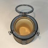 Ice bucket in leather, rope, and chrome. In the style of Jacques Adnet