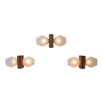 Lot de 3 appliques Temde Leuchten, Teck et verre givré, 1950-60