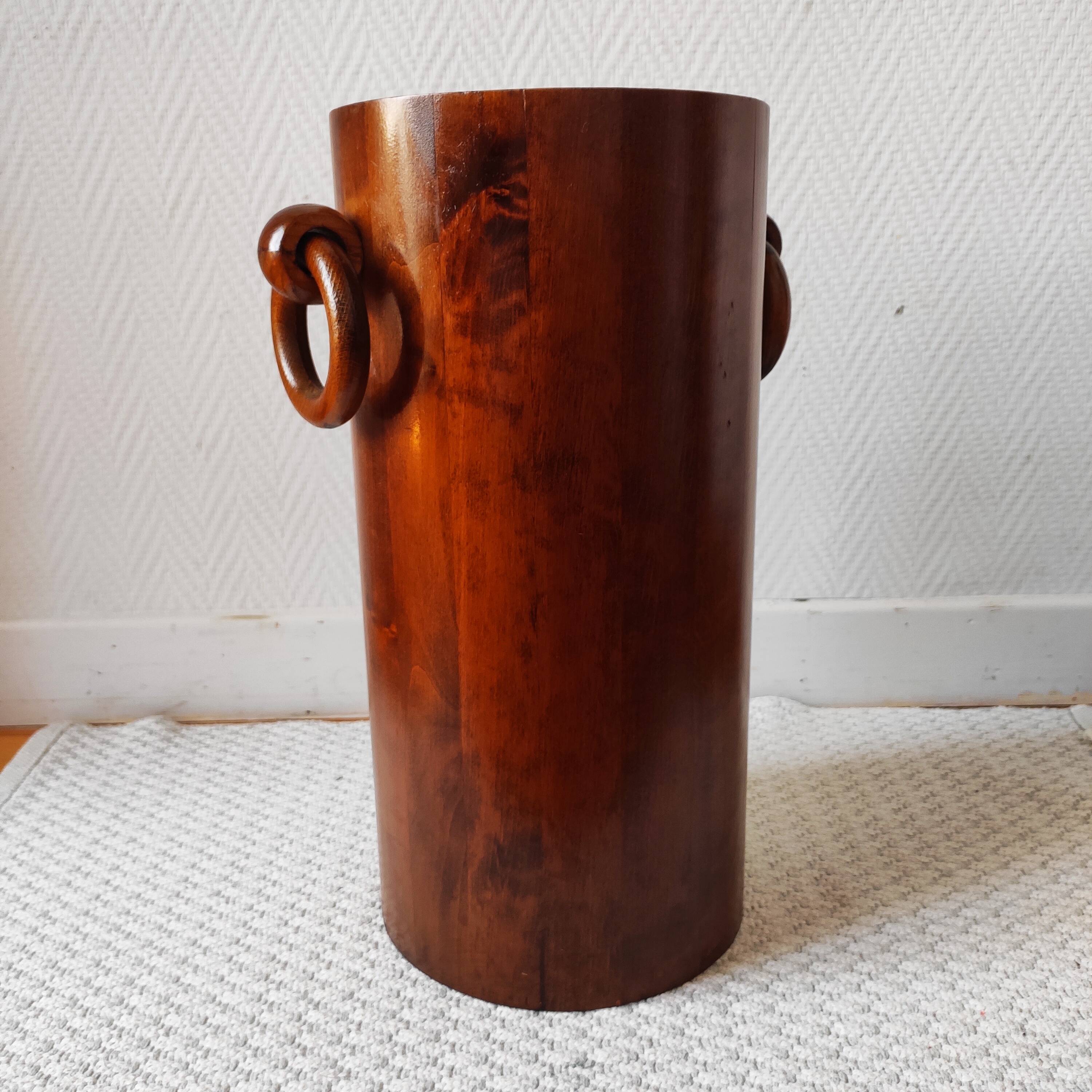 Brutalist sculptural wooden umbrella stand from the 1970s.