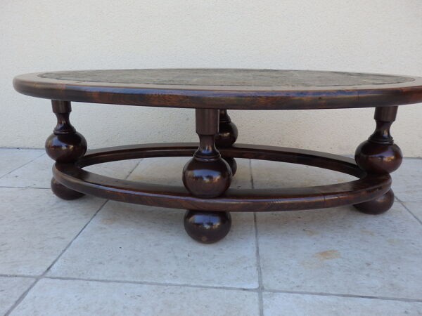 Table basse année 80 ardoise chêne massif vintage