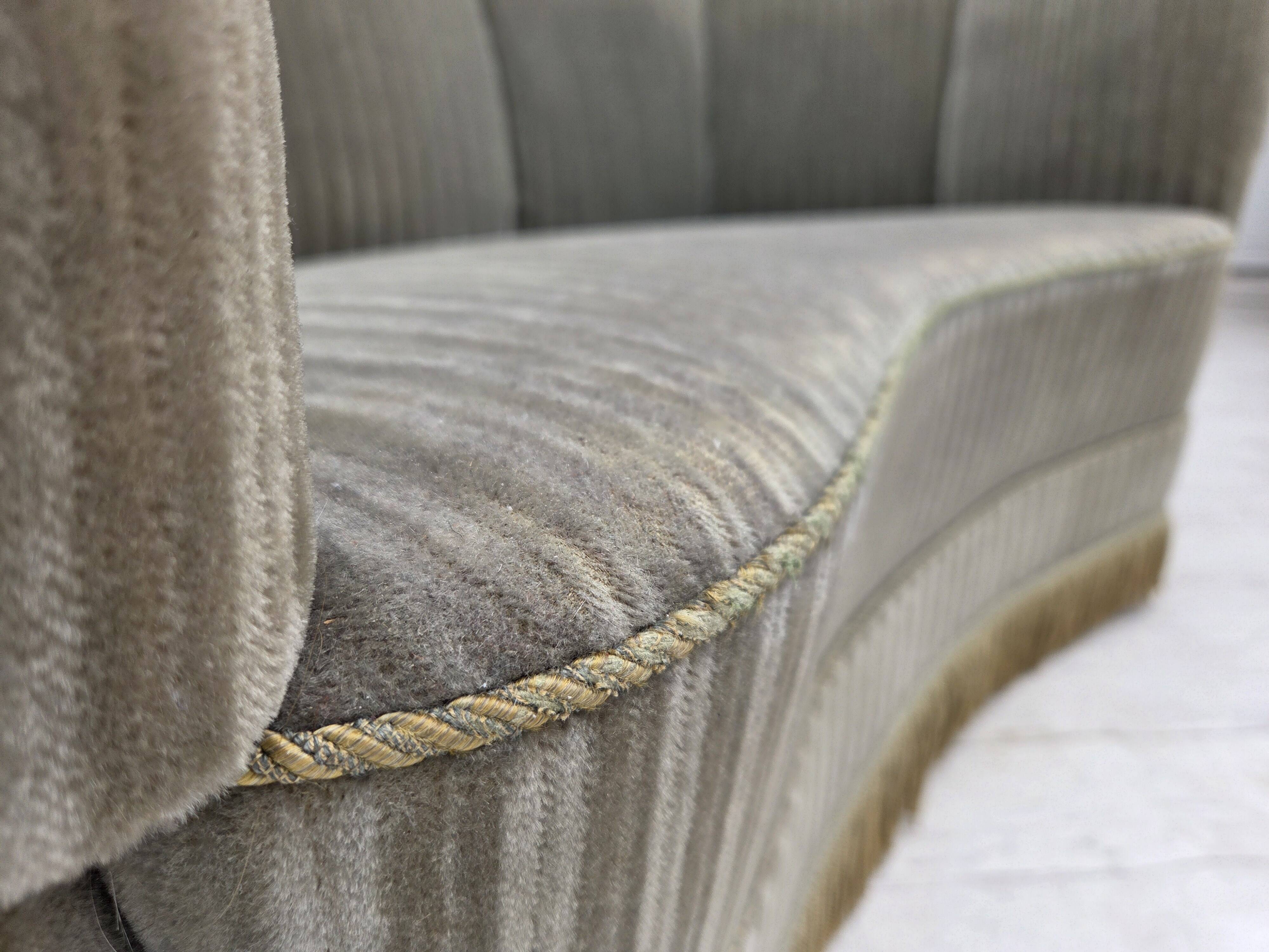 1970s, Danish 2-seater curved sofa, original furniture velour, beech wood.